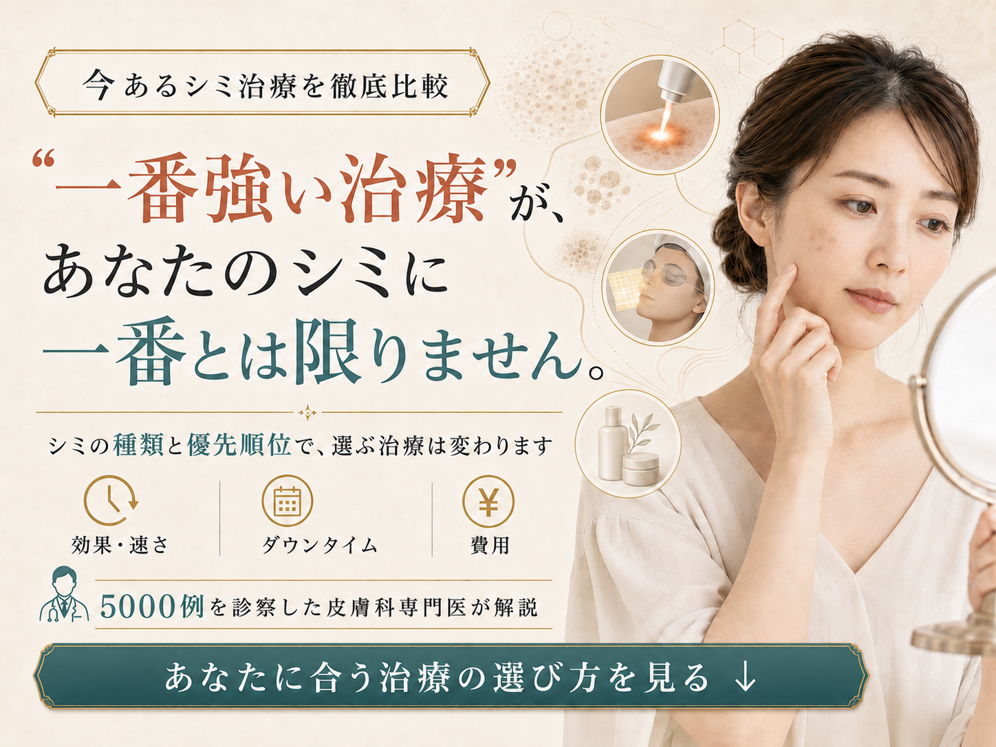 今あるシミ治療を徹底比較。効果・速さ、ダウンタイム、費用の優先順位から治療を選ぶ